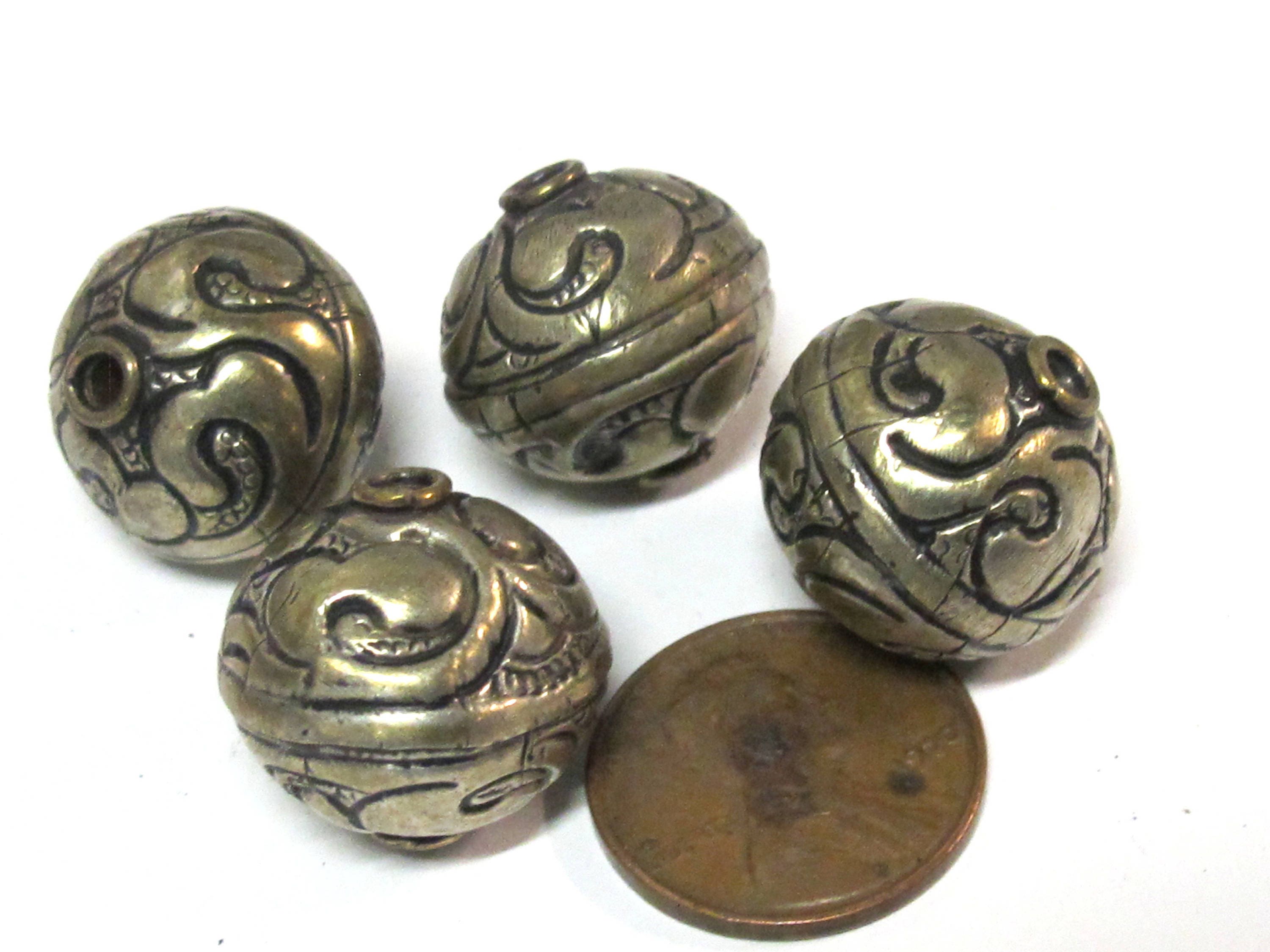 2 Beads-Tibetan silver tone floral repousse ethnic light weight bead from Nepal - BD852K