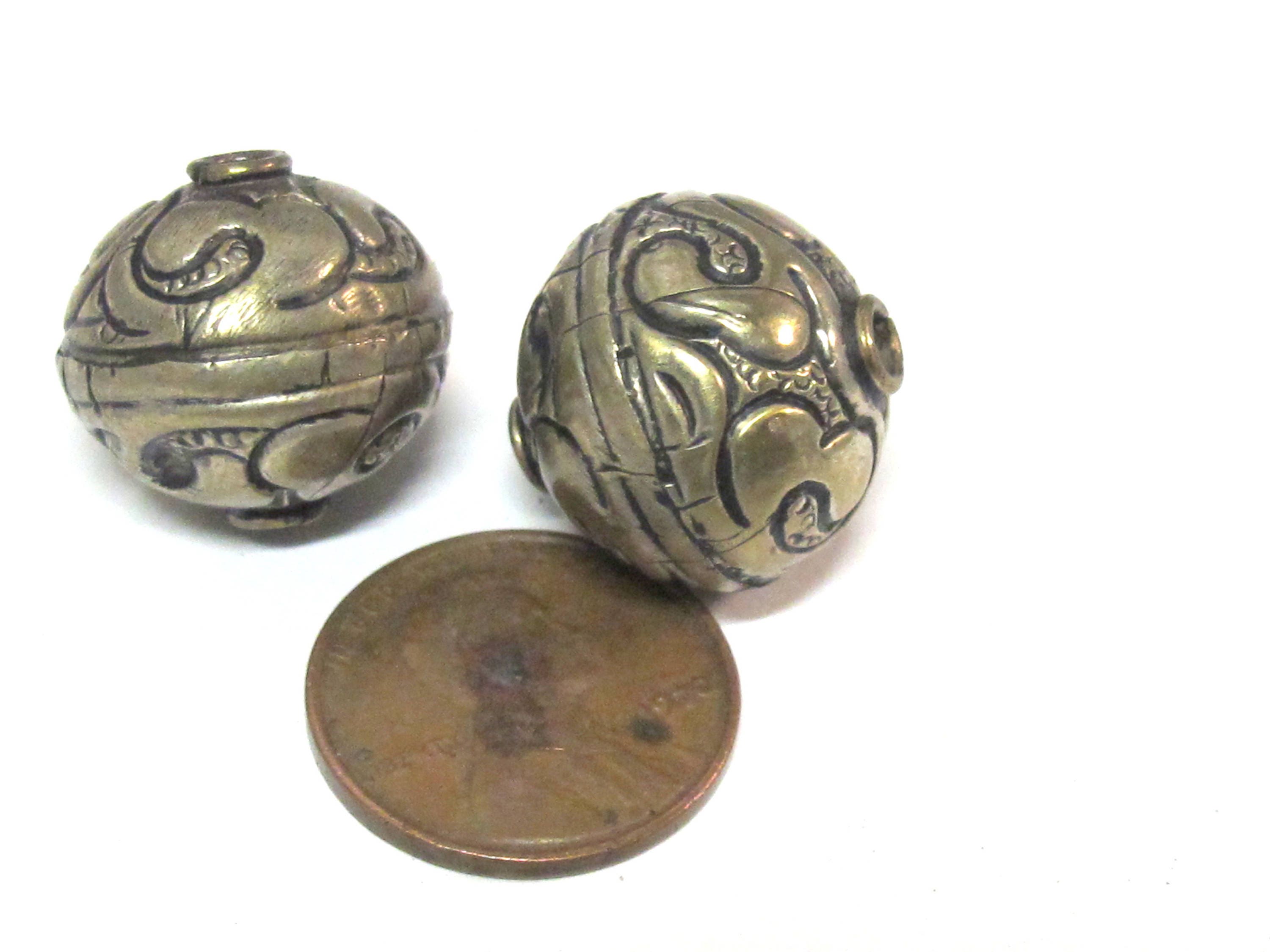 2 Beads-Tibetan silver tone floral repousse ethnic light weight bead from Nepal - BD852K