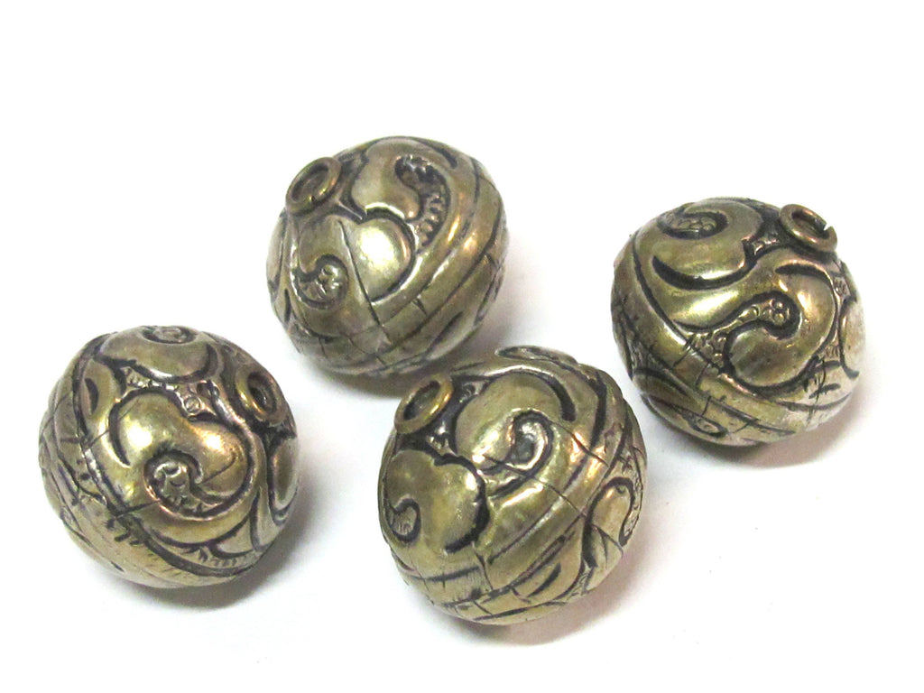 2 Beads-Tibetan silver tone floral repousse ethnic light weight bead from Nepal - BD852K