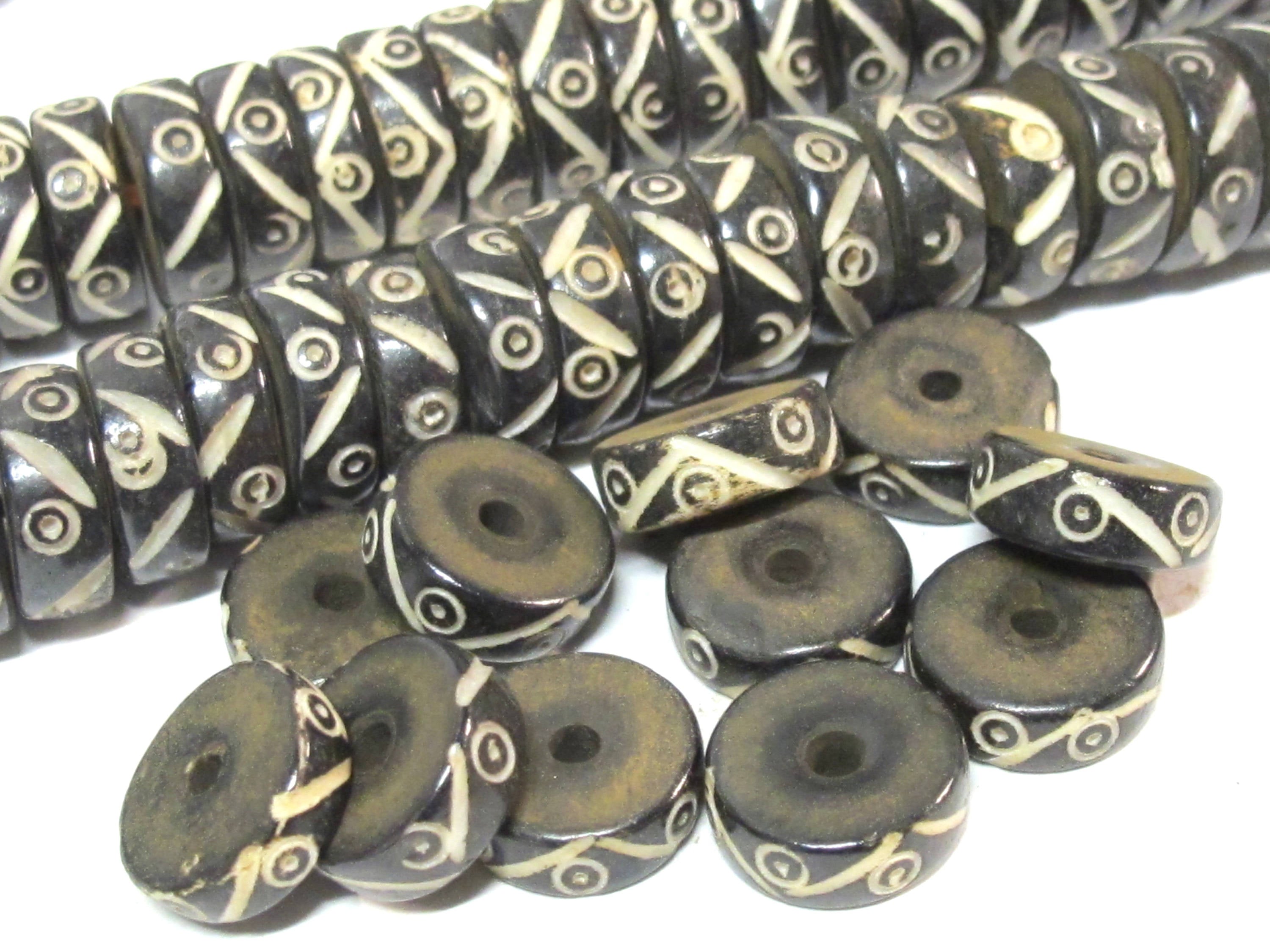 10 beads - 13 - 14 mm size black brown color flat disc recycled cattle bone beads with tribal dotted design - ML019ZB
