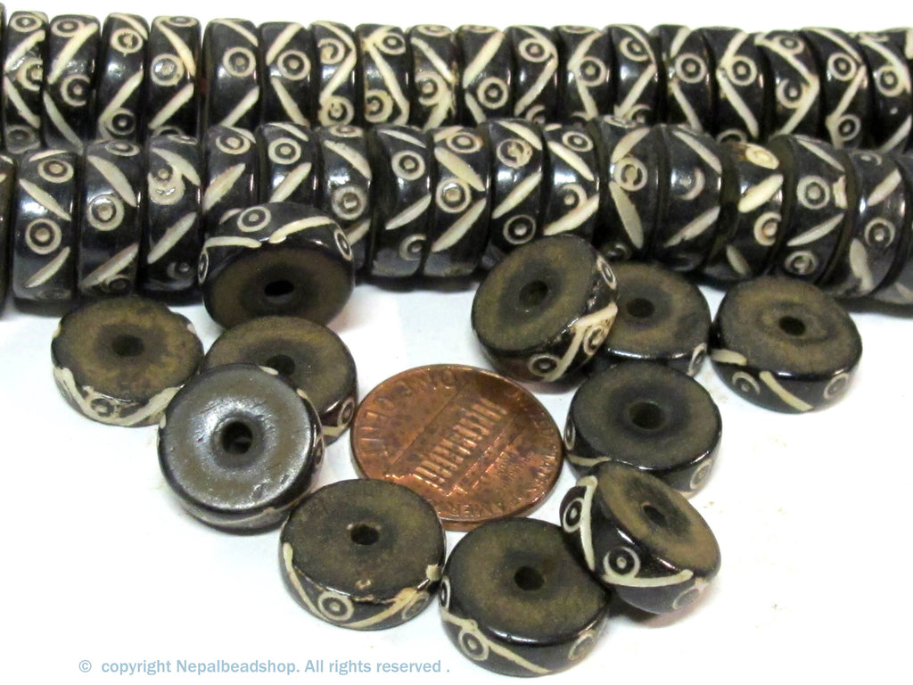 10 beads - 13 - 14 mm size black brown color flat disc recycled cattle bone beads with tribal dotted design - ML019ZB