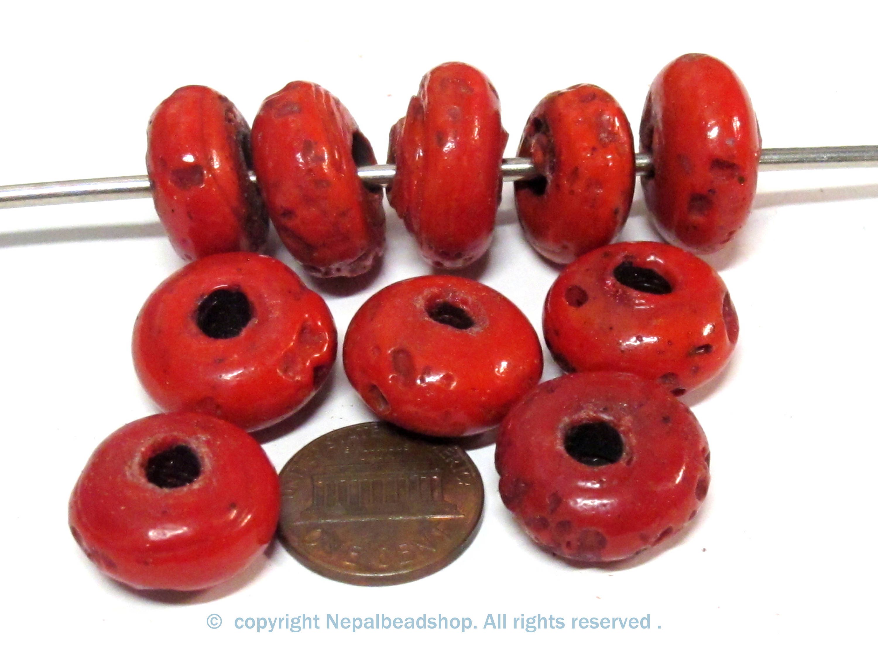 10 Beads -Tibetan Nepal Ethnic red Nepalese sherpa glass donut shape beads - BD167C