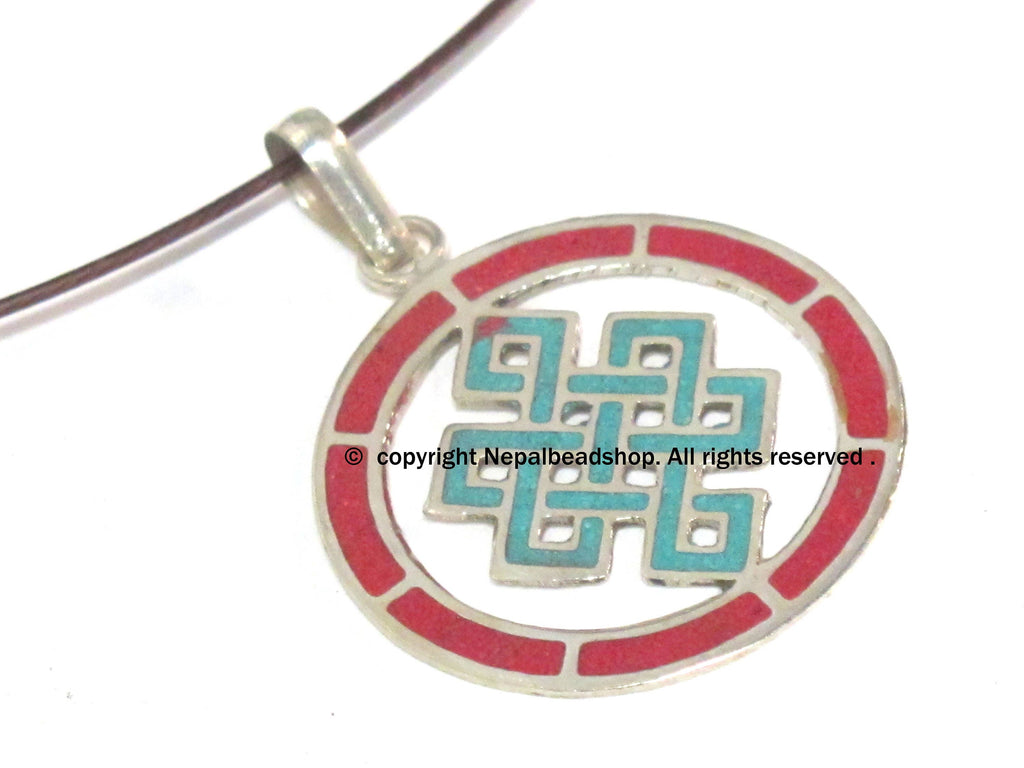 1 Pendant - Round thin disc shape Tibetan infinity Endless knot pendant - PM307C