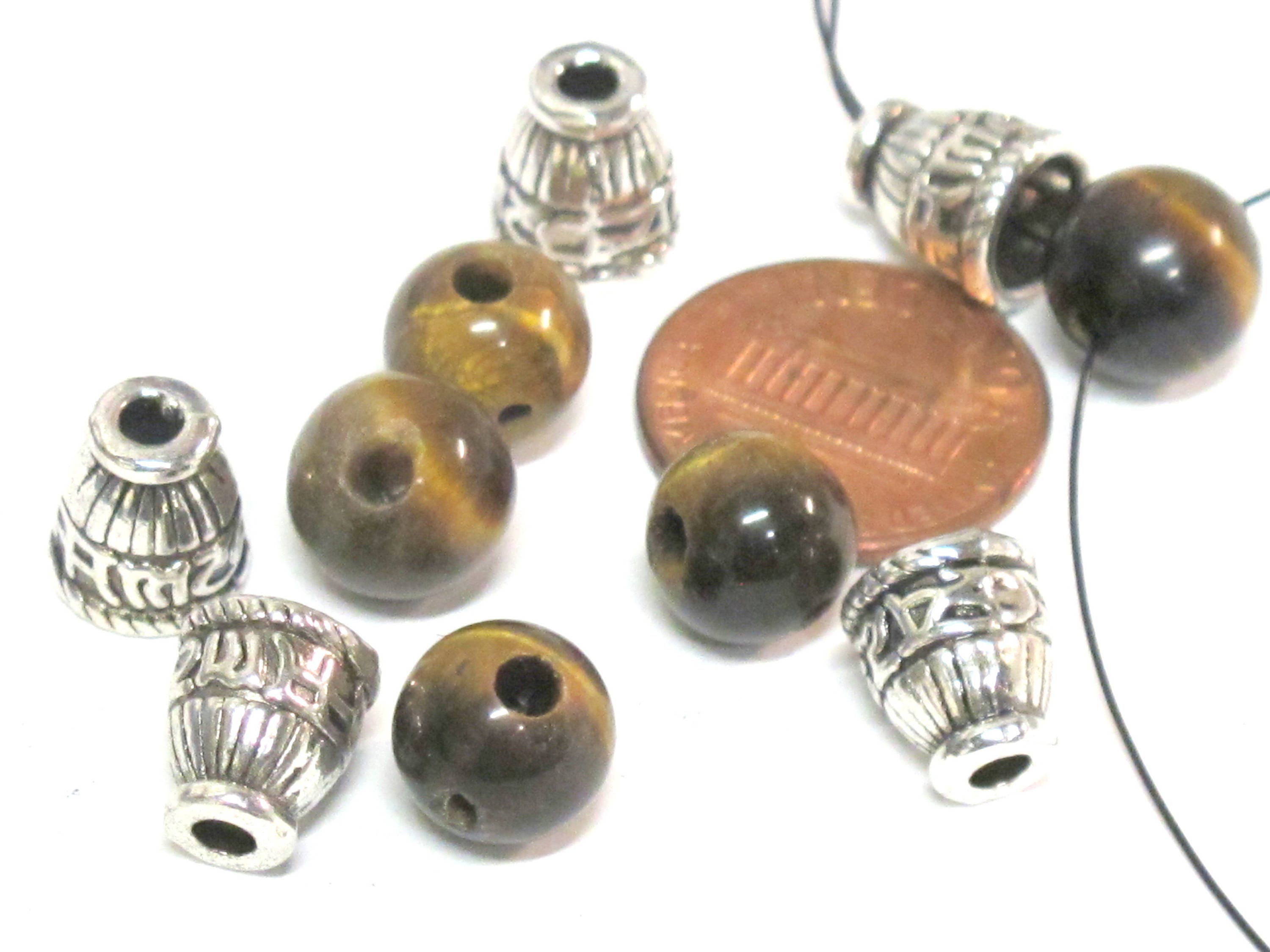3 Guru beads - 3 hole Tigers eye gemstone Guru Bead 10 mm size with silver color metal om mani prayer column bead - GB065s