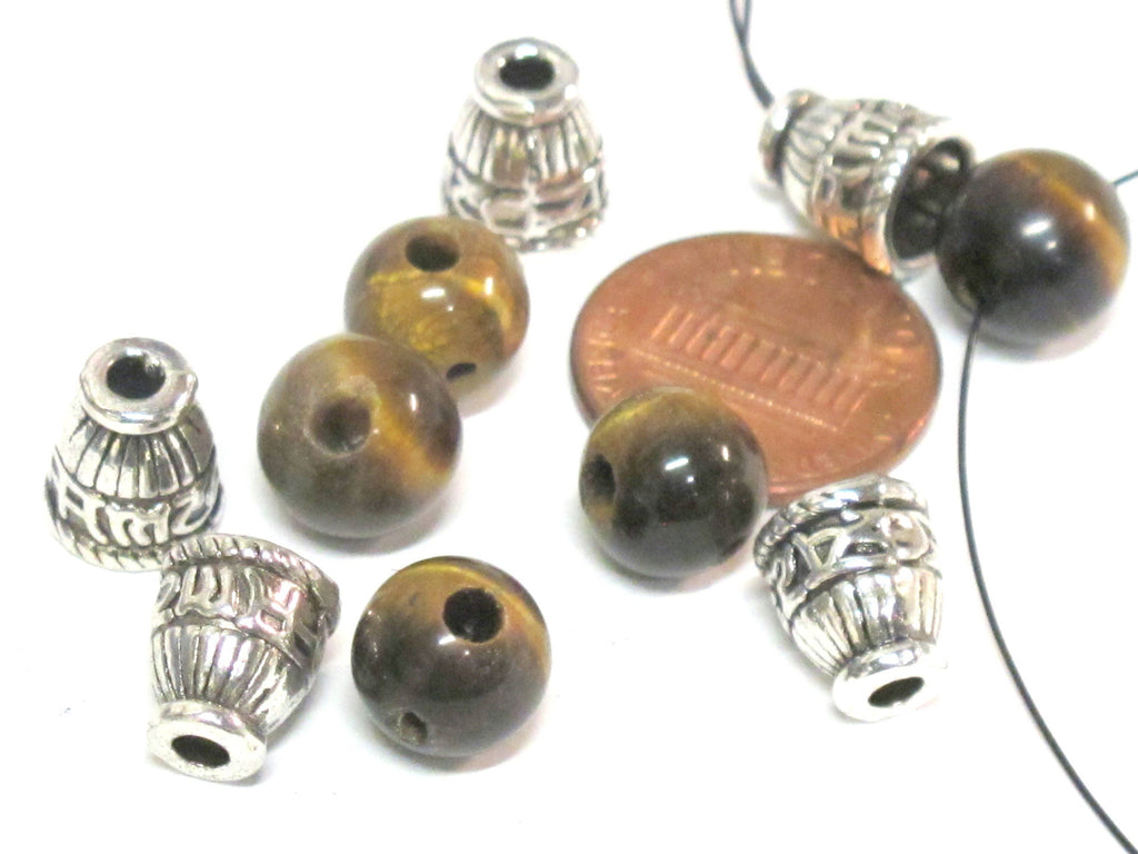 3 Guru beads - 3 hole Tigers eye gemstone Guru Bead 10 mm size with silver color metal om mani prayer column bead - GB065s