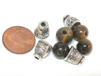 1 Guru bead - 3 hole Tigers eye gemstone Guru Bead 10 mm size with silver color metal om mani prayer column bead - GB065