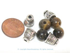 3 Guru beads - 3 hole Tigers eye gemstone Guru Bead 10 mm size with silver color metal om mani prayer column bead - GB065s