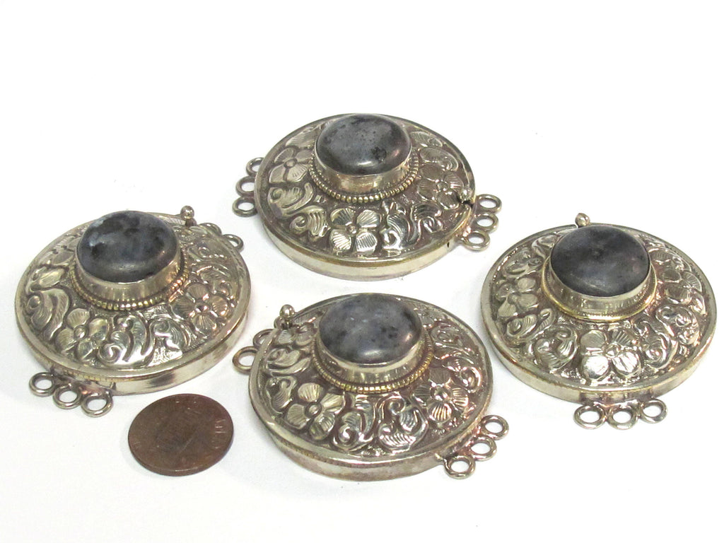 1 clasp - Large round shape ethnic Tibetan silver finish labradorite gemstone inlaid statement clasp pendant from Nepal - LN041B