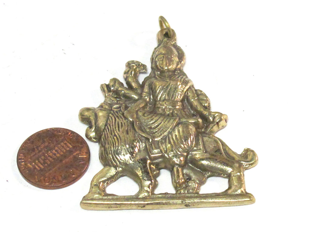 1 Pendant - Large size Hindu Goddess revered Durga Maa Sherawali Brass amulet pendant - CP129