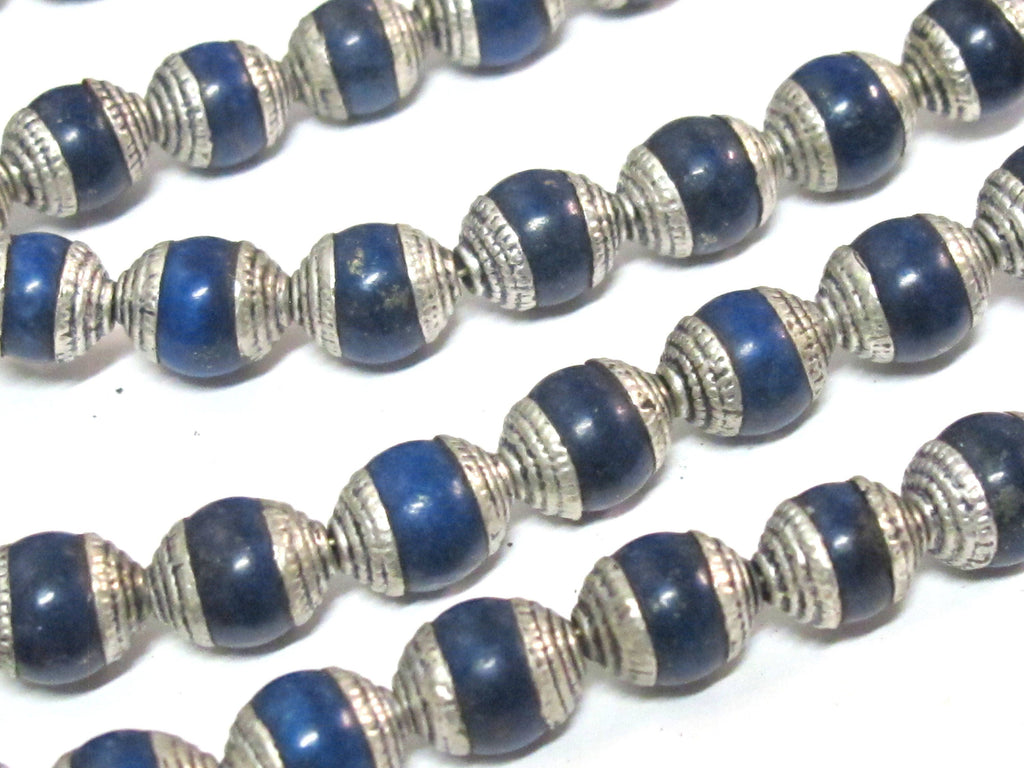 4 Beads - Tibetan silver color capped lapis gemstone beads from Nepal 7 - 8 mm x 9 - 10 mm - BD773D