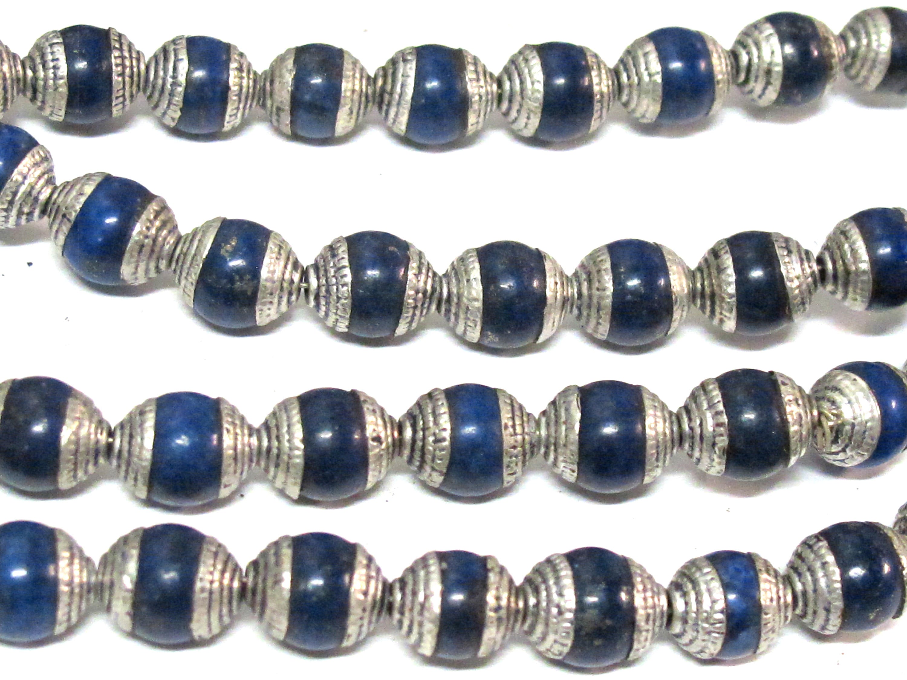 4 Beads - Tibetan silver color capped lapis gemstone beads from Nepal 7 - 8 mm x 9 - 10 mm - BD773D
