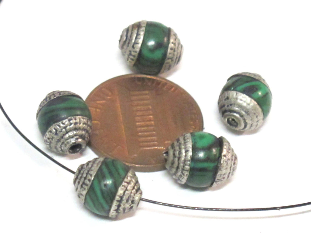 4 Beads - Tibetan silver tone capped small size green synthetic malachite gemstone beads from Nepal 8-9 mm thick x 9 -11 mm long - BD976A