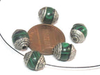 4 Beads - Tibetan silver tone capped small size green synthetic malachite gemstone beads from Nepal 8-9 mm thick x 9 -11 mm long - BD976A