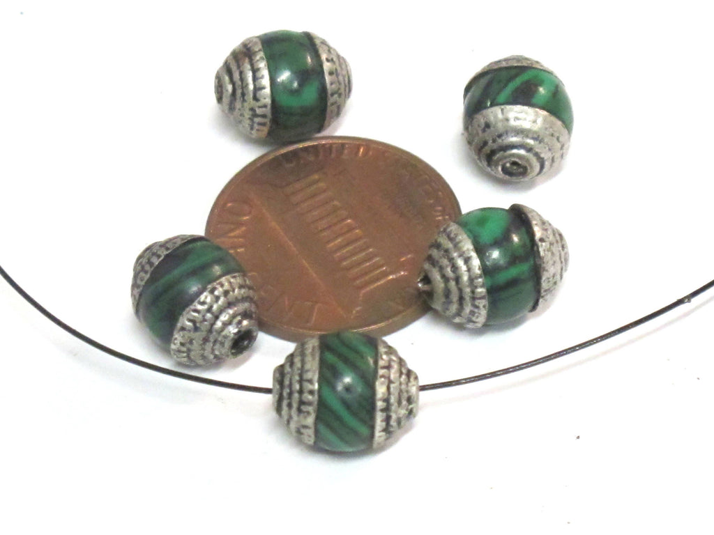 4 Beads - Tibetan silver tone capped small size green synthetic malachite gemstone beads from Nepal 8-9 mm thick x 9 -11 mm long - BD976A
