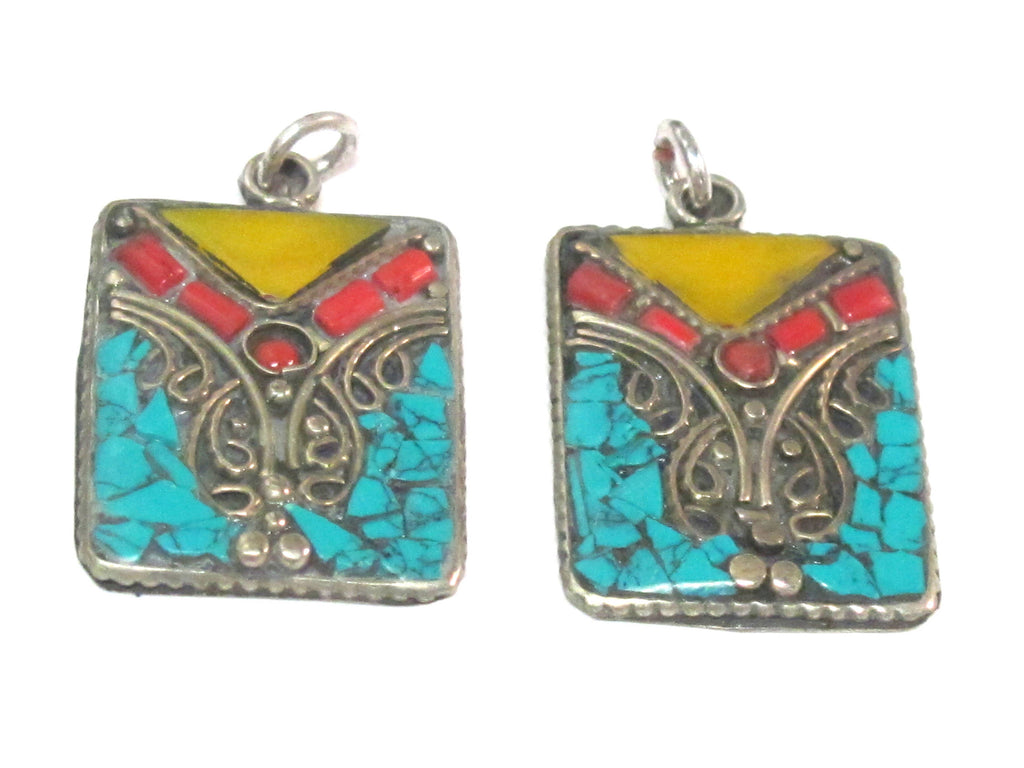 3 pieces - Rectangular square shape Tibetan silver charm pendant with mosaic turquoise coral copal inlay - PM573A
