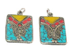 3 pieces - Rectangular square shape Tibetan silver charm pendant with mosaic turquoise coral copal inlay - PM573A
