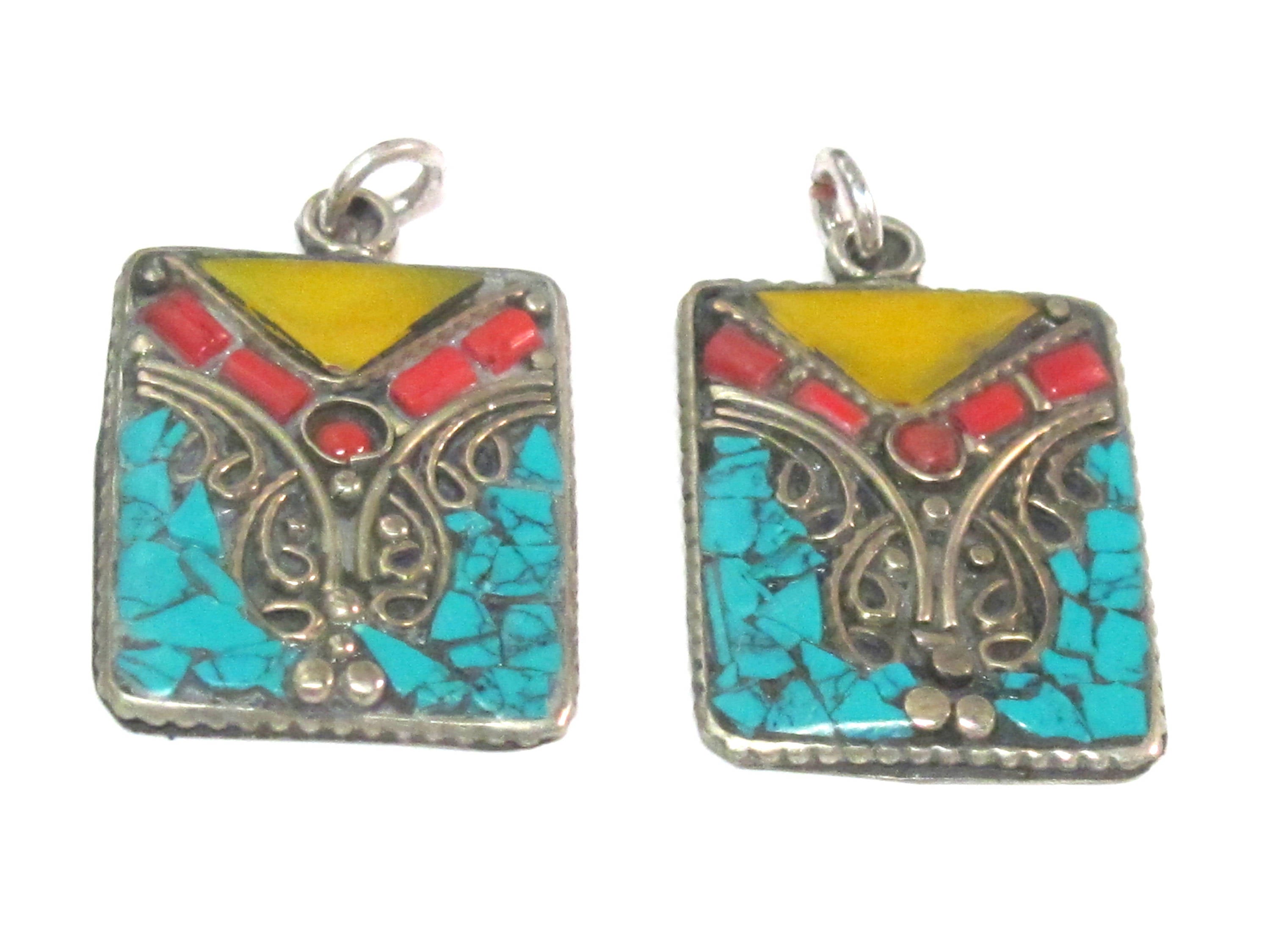 3 pieces - Rectangular square shape Tibetan silver charm pendant with mosaic turquoise coral copal inlay - PM573A