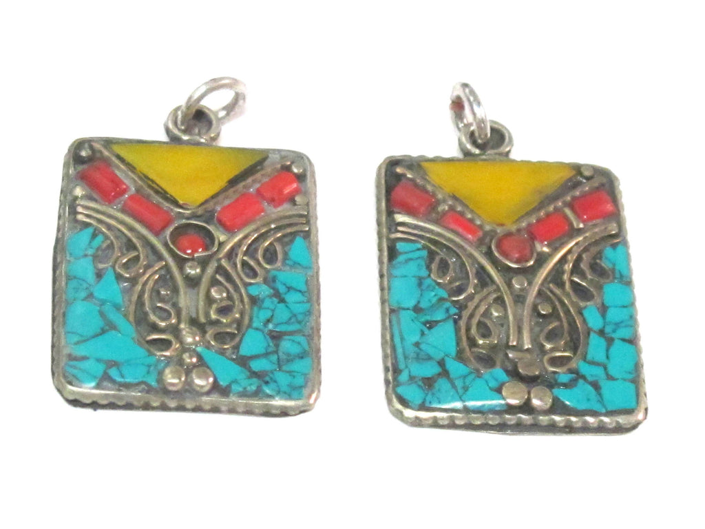 3 pieces - Rectangular square shape Tibetan silver charm pendant with mosaic turquoise coral copal inlay - PM573A