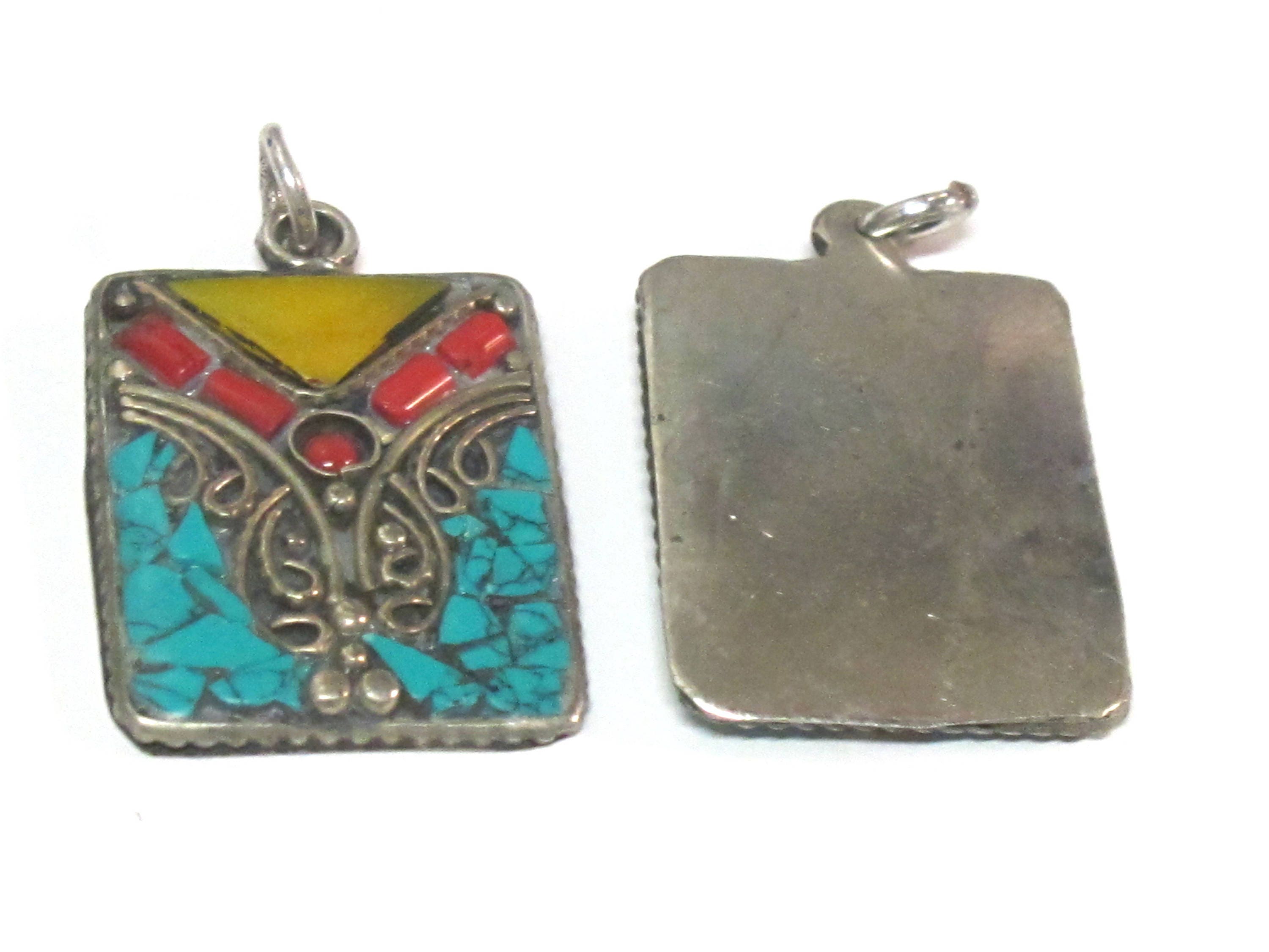 3 pieces - Rectangular square shape Tibetan silver charm pendant with mosaic turquoise coral copal inlay - PM573A
