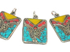 3 pieces - Rectangular square shape Tibetan silver charm pendant with mosaic turquoise coral copal inlay - PM573A