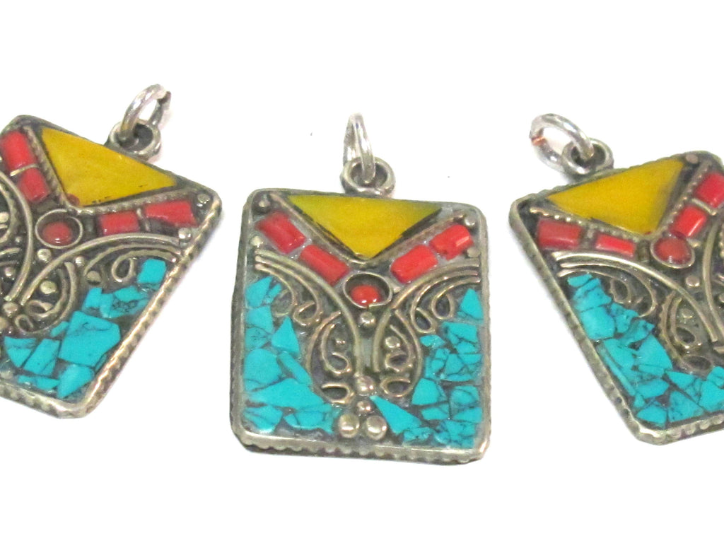 3 pieces - Rectangular square shape Tibetan silver charm pendant with mosaic turquoise coral copal inlay - PM573A