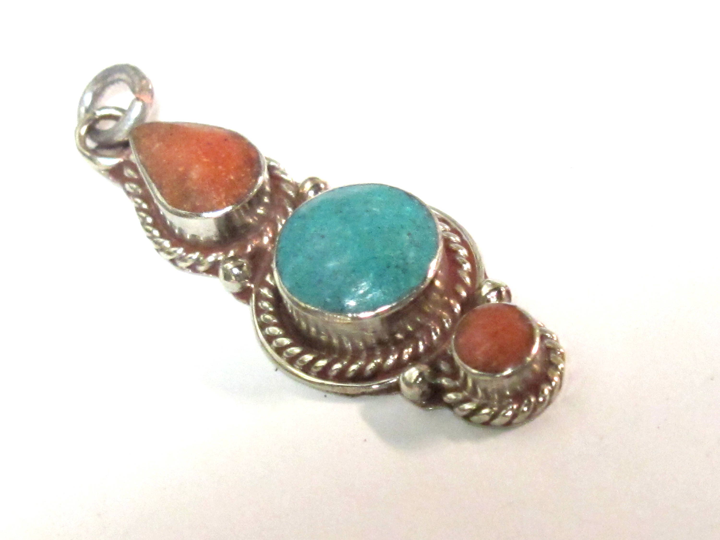 1 pendant - Nepal pendant ethnic nepalese Small linear drop shape Tibetan silver charm pendant with turquoise inlay - PM573B