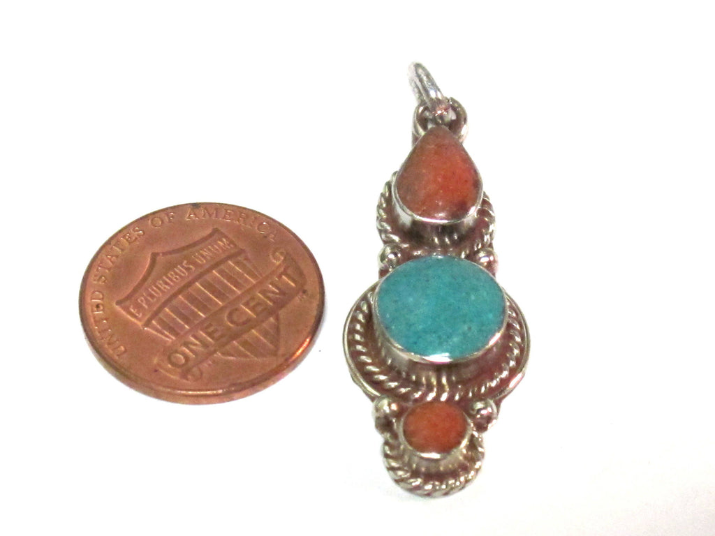 1 pendant - Nepal pendant ethnic nepalese Small linear drop shape Tibetan silver charm pendant with turquoise inlay - PM573B