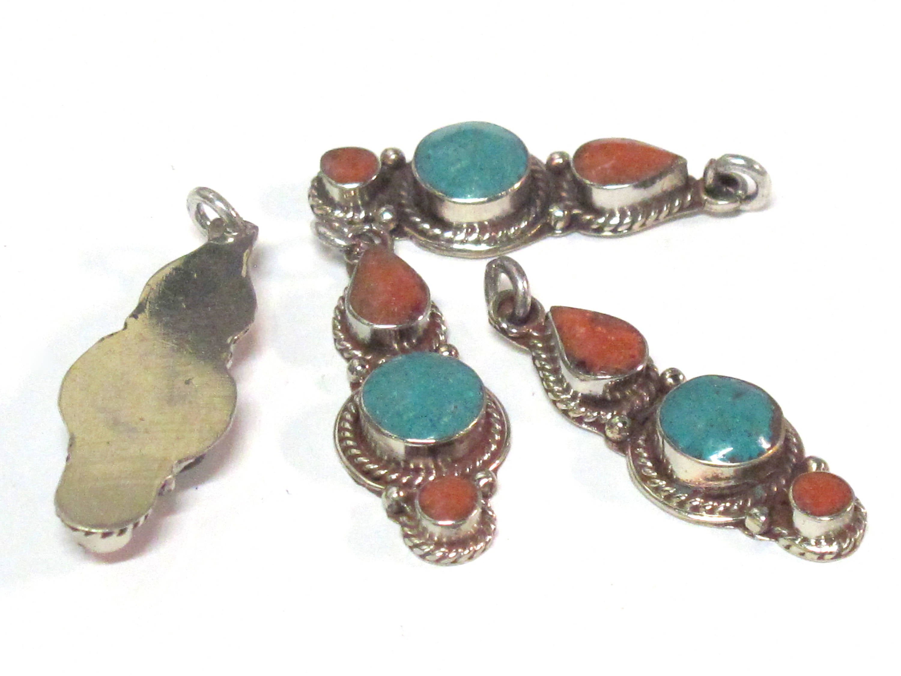 1 pendant - Nepal pendant ethnic nepalese Small linear drop shape Tibetan silver charm pendant with turquoise inlay - PM573B