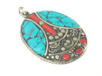 2 pieces - Tibetan pendants -Beautiful oval shape ethnic design Tibetan Nepal pendant with mosaic turquoise inlay - PM576Ax