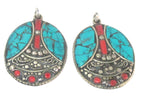 2 pieces - Tibetan pendants -Beautiful oval shape ethnic design Tibetan Nepal pendant with mosaic turquoise inlay - PM576Ax