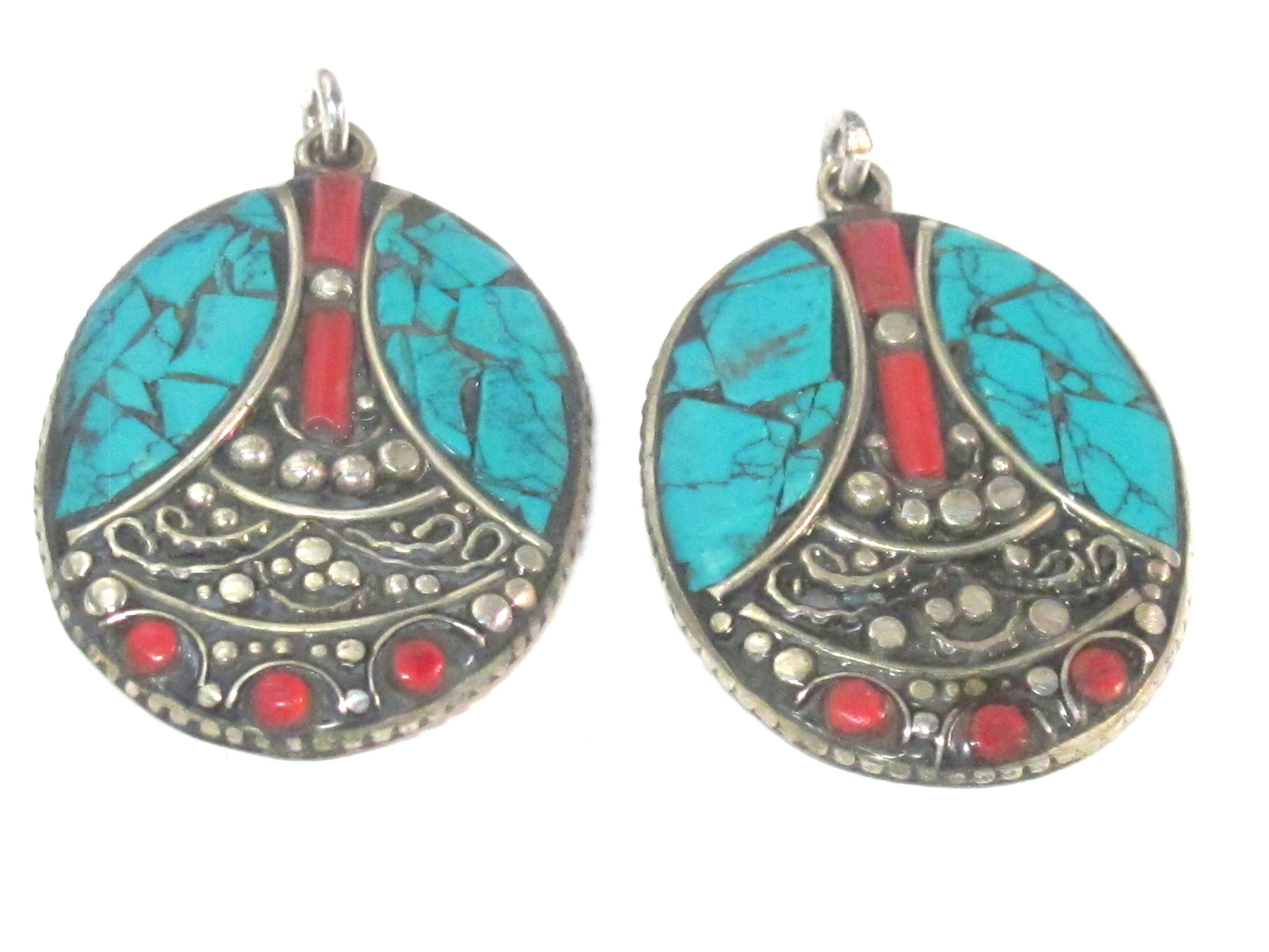2 pieces - Tibetan pendants -Beautiful oval shape ethnic design Tibetan Nepal pendant with mosaic turquoise inlay - PM576Ax