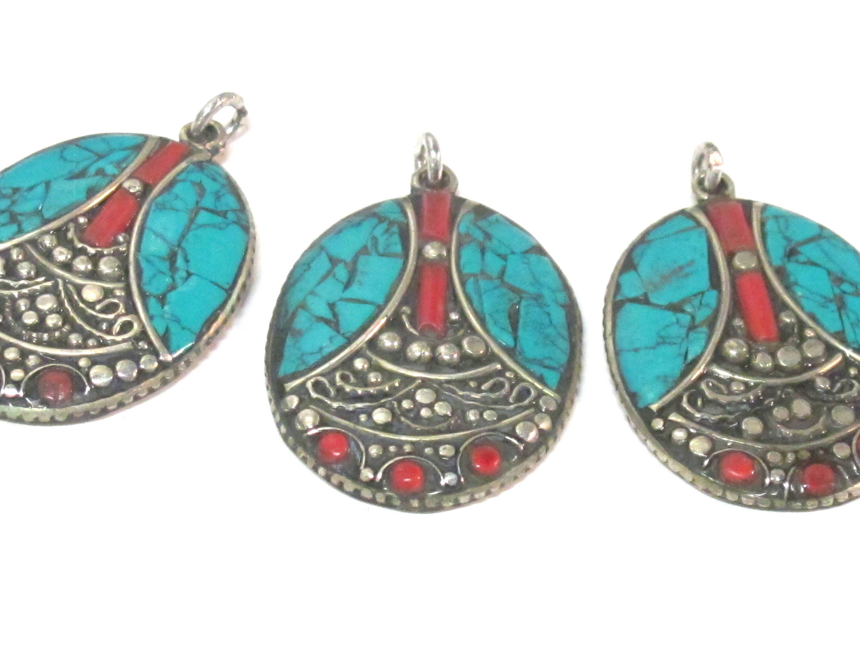 2 pieces - Tibetan pendants -Beautiful oval shape ethnic design Tibetan Nepal pendant with mosaic turquoise inlay - PM576Ax