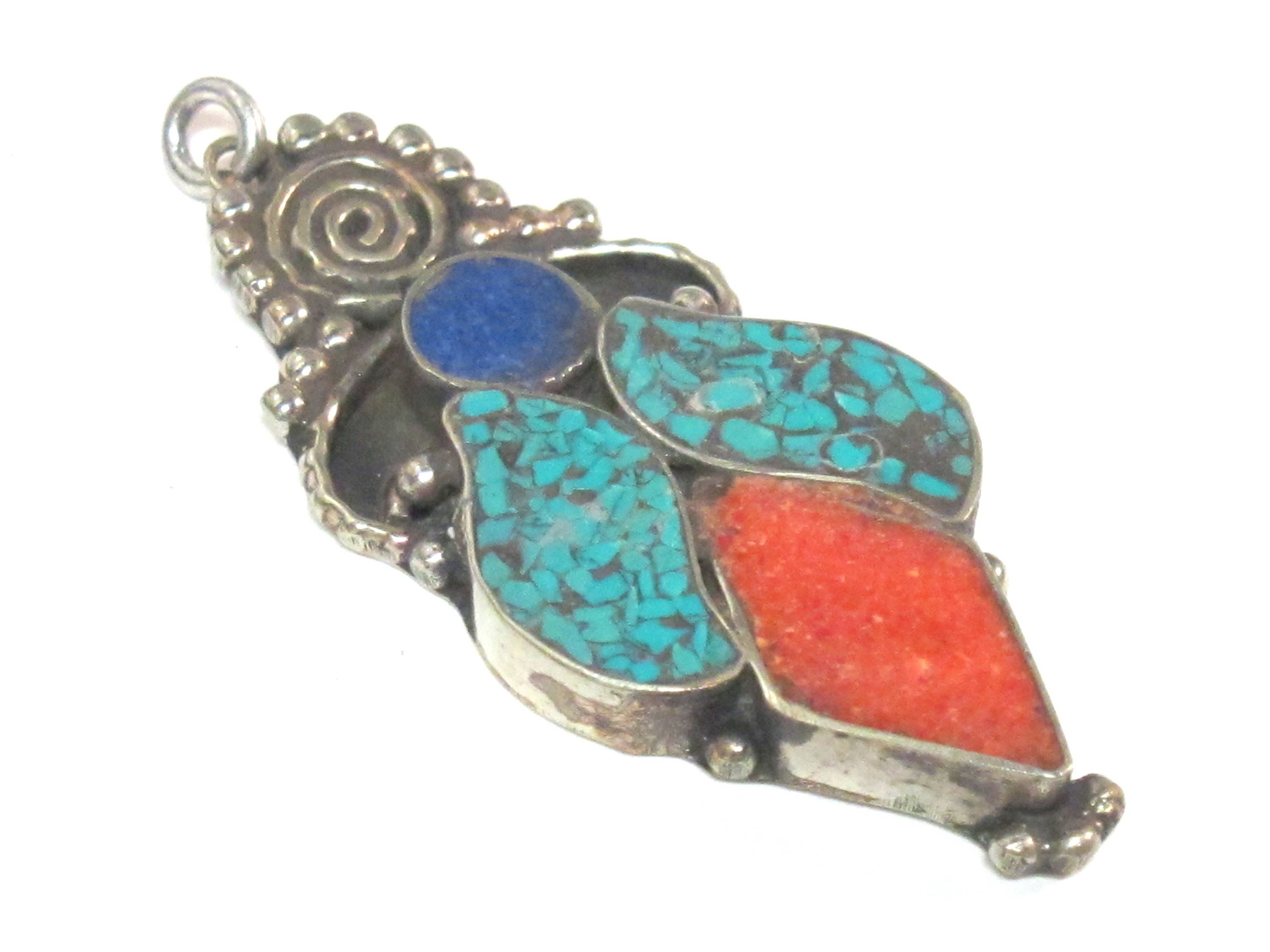 1 pendant - Large ethnic design Tibetan pendant with mosaic turquoise lapis inlay -- PM574A