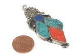 1 pendant - Large ethnic design Tibetan pendant with mosaic turquoise lapis inlay -- PM574A