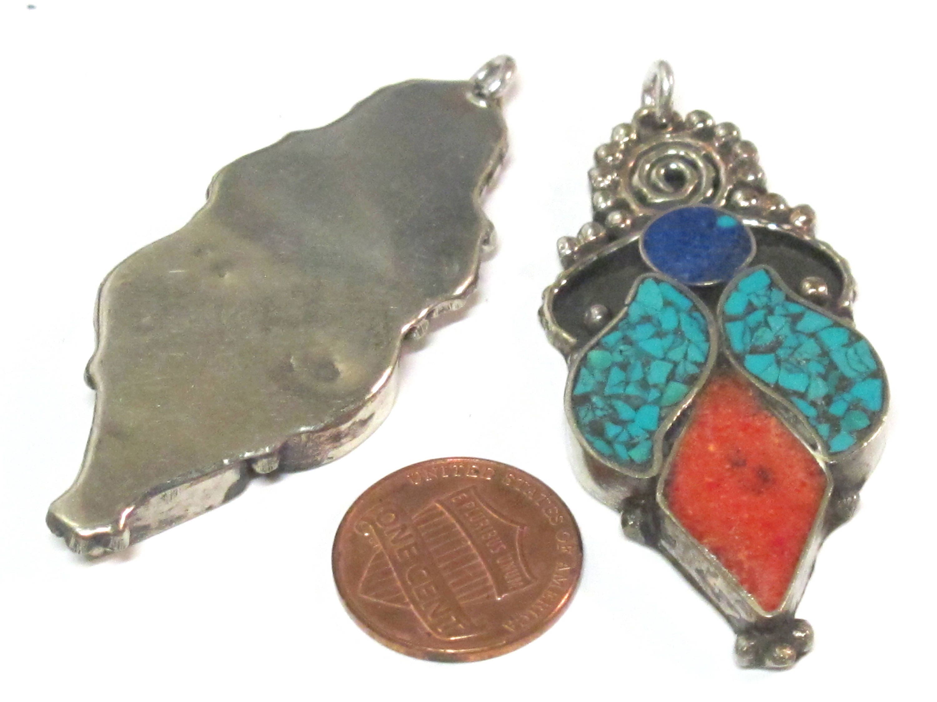 1 pendant - Large ethnic design Tibetan pendant with mosaic turquoise lapis inlay -- PM574A