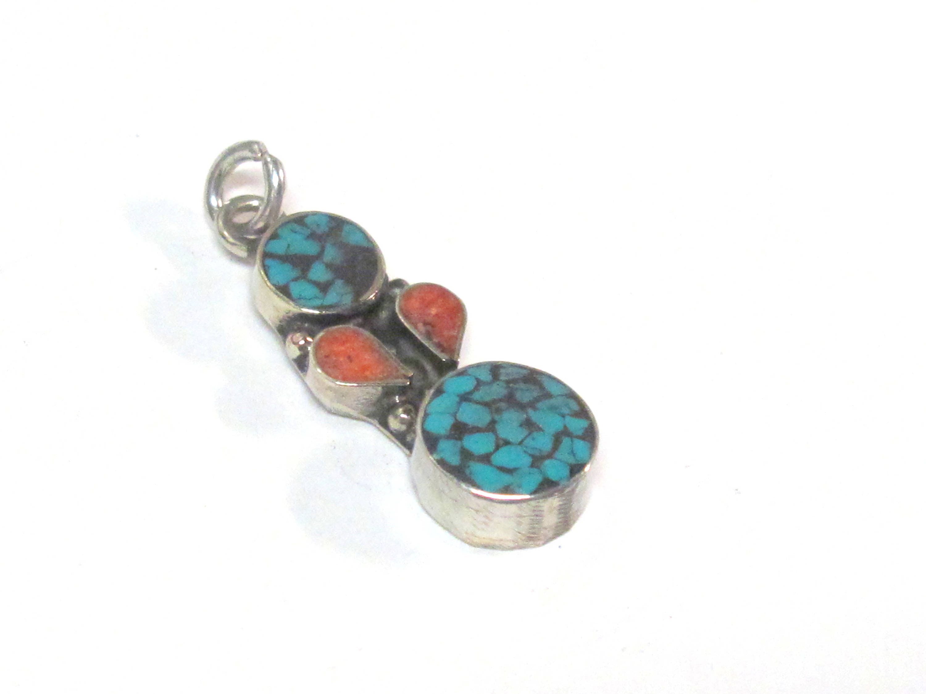 2 charms - Small linear drop shape Tibetan silver charm pendant with mosaic turquoise inlay - PM574Bx