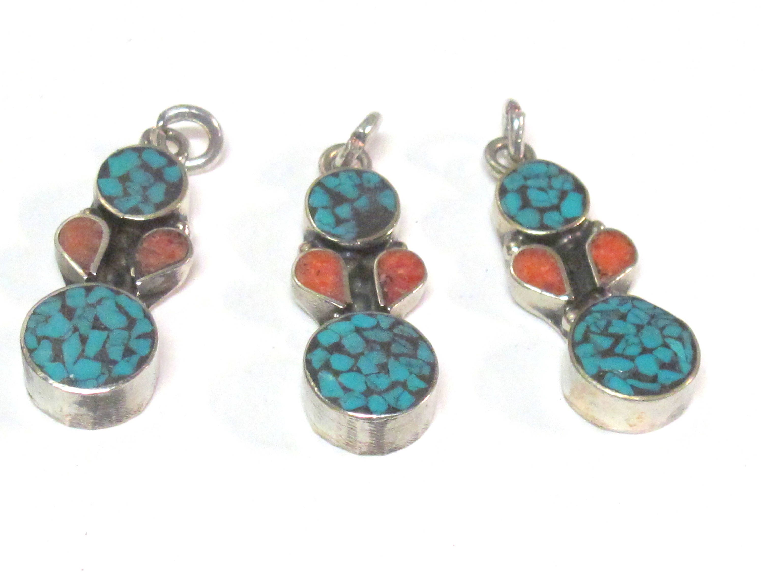 2 charms - Small linear drop shape Tibetan silver charm pendant with mosaic turquoise inlay - PM574Bx