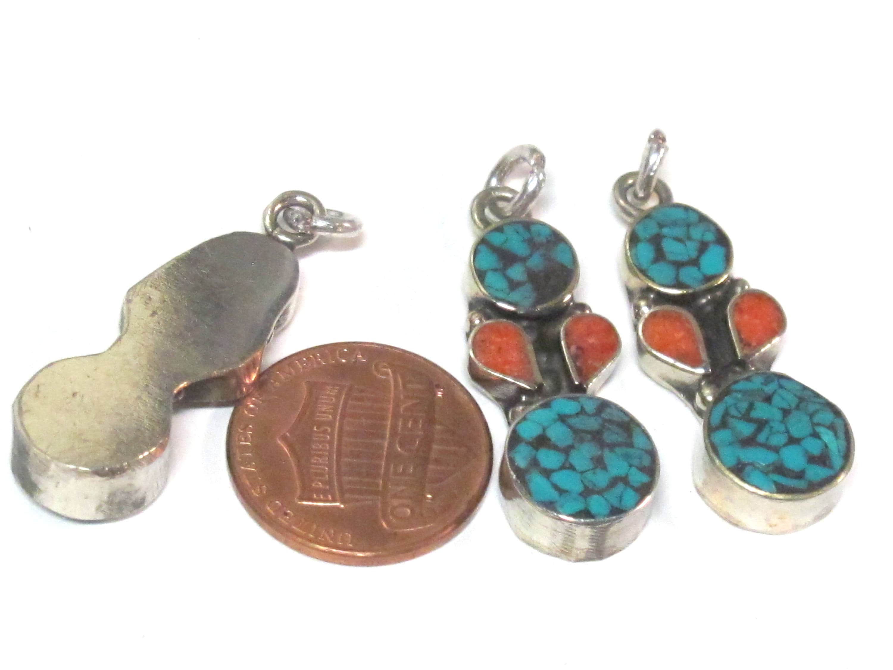 2 charms - Small linear drop shape Tibetan silver charm pendant with mosaic turquoise inlay - PM574Bx