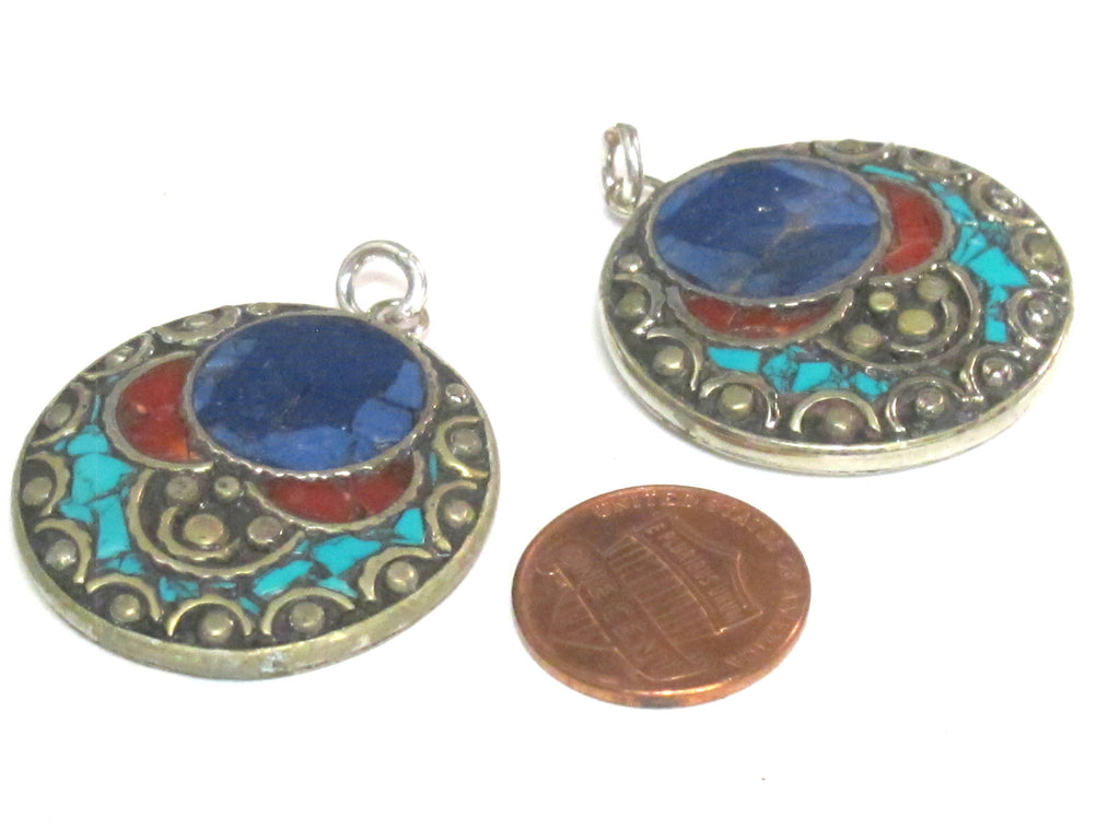 1 pendant - Beautiful round disc shape design Tibetan pendant with mosaic turquoise lapis coral inlay - PM575B