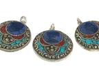 1 pendant - Beautiful round disc shape design Tibetan pendant with mosaic turquoise lapis coral inlay - PM575B