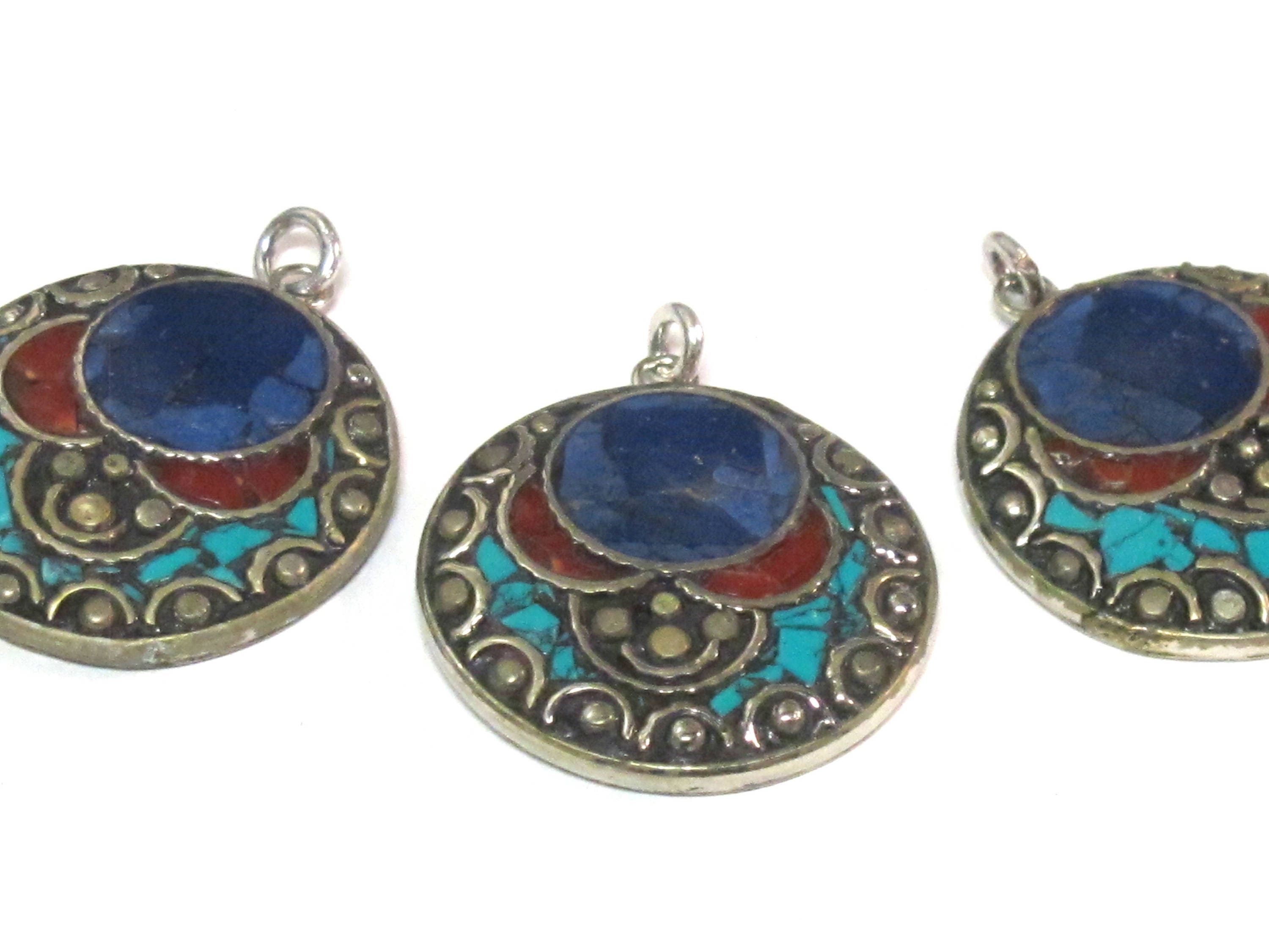 1 pendant - Beautiful round disc shape design Tibetan pendant with mosaic turquoise lapis coral inlay - PM575B