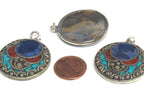 1 pendant - Beautiful round disc shape design Tibetan pendant with mosaic turquoise lapis coral inlay - PM575B