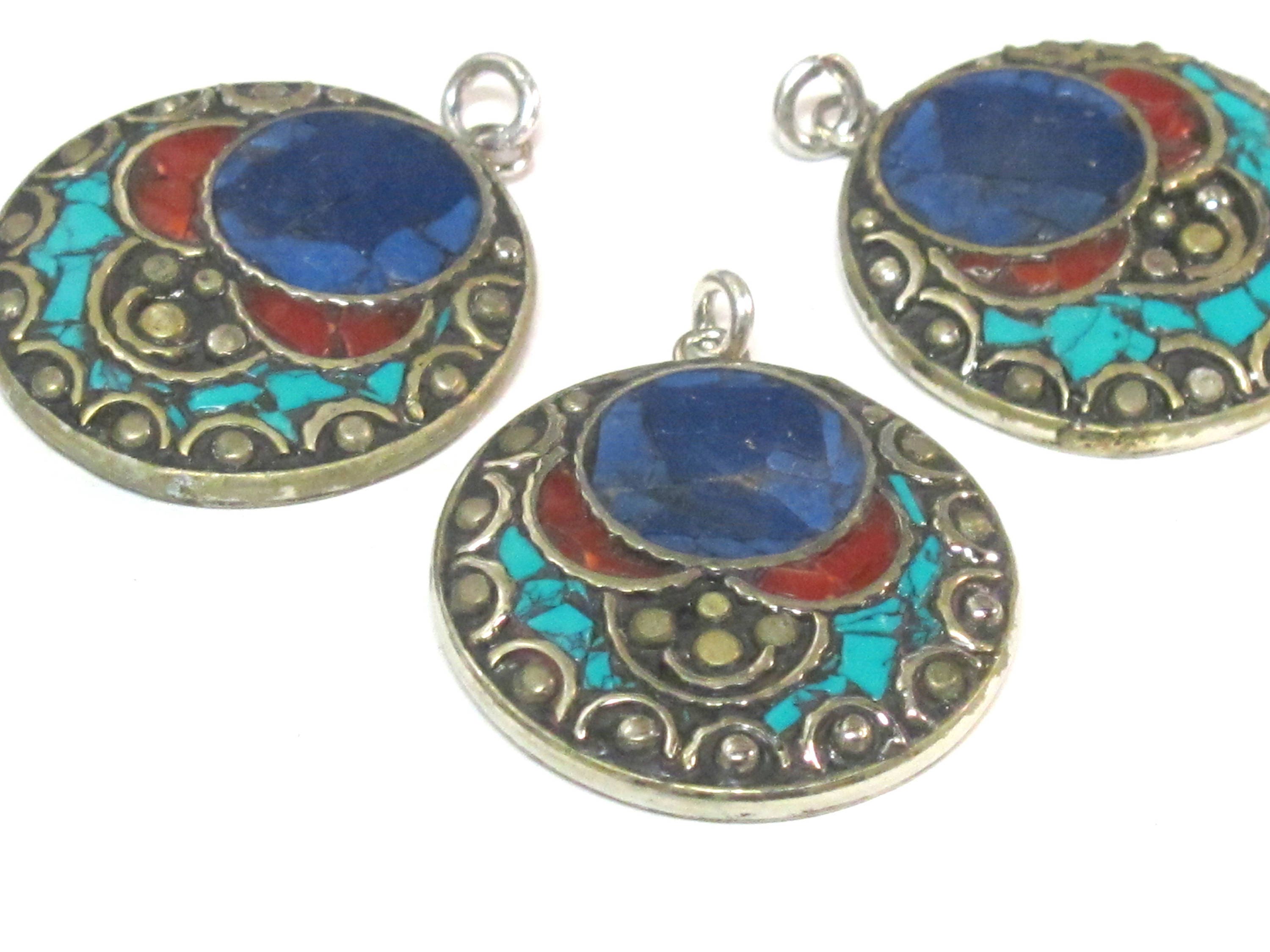 1 pendant - Beautiful round disc shape design Tibetan pendant with mosaic turquoise lapis coral inlay - PM575B