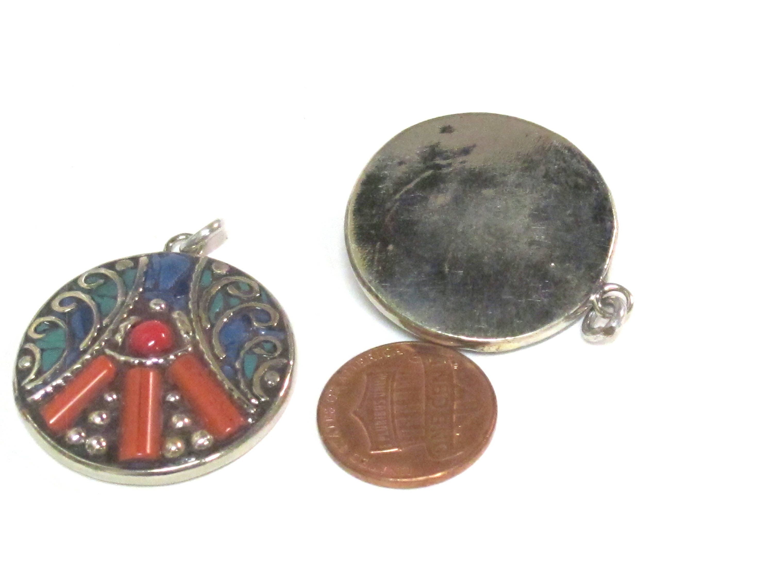 1 pendant - Beautiful round oval disc shape ethnic peace symbol Tibetan pendant with turquoise lapis coral inlay - PM576B