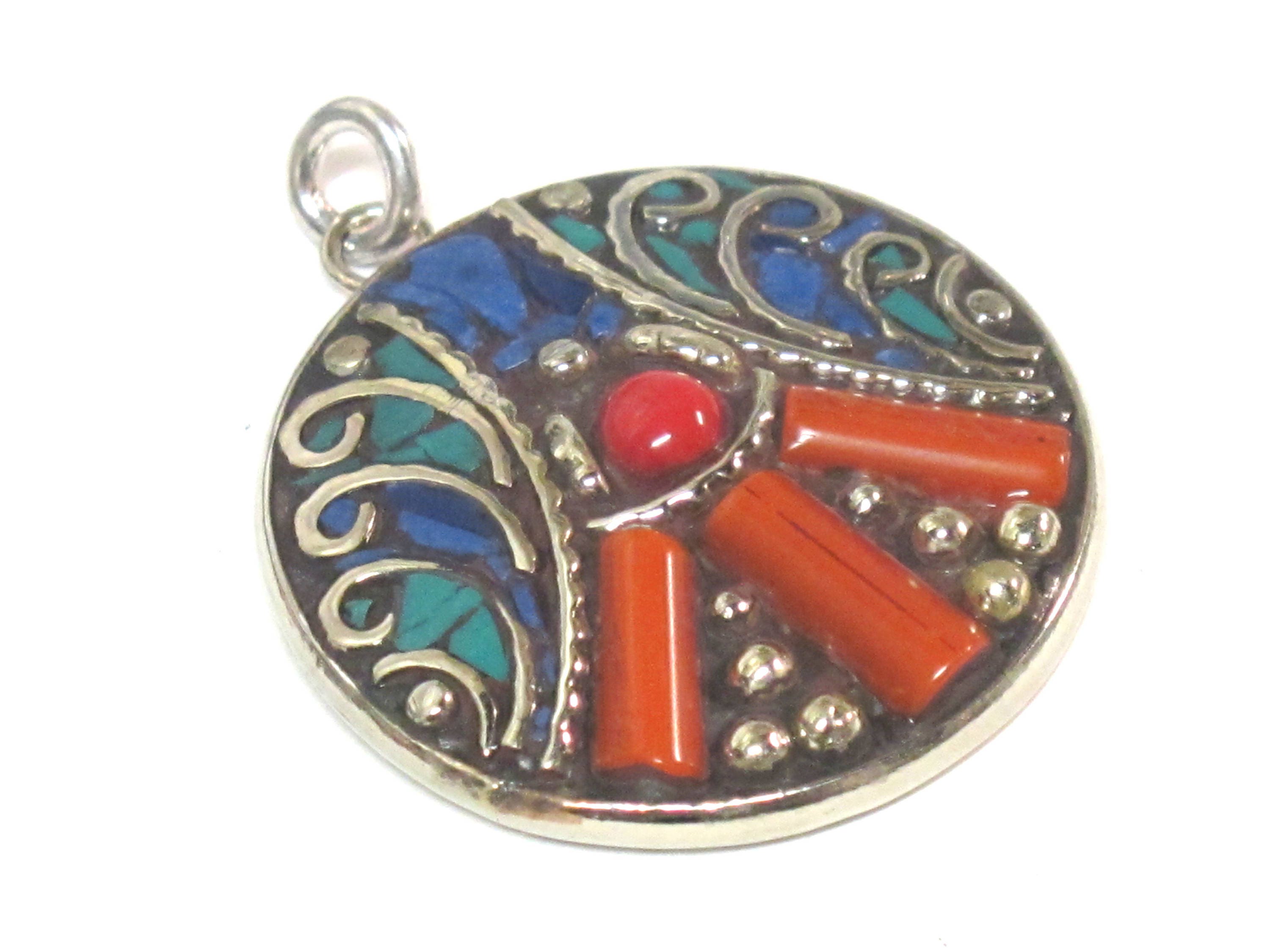 1 pendant - Beautiful round oval disc shape ethnic peace symbol Tibetan pendant with turquoise lapis coral inlay - PM576B