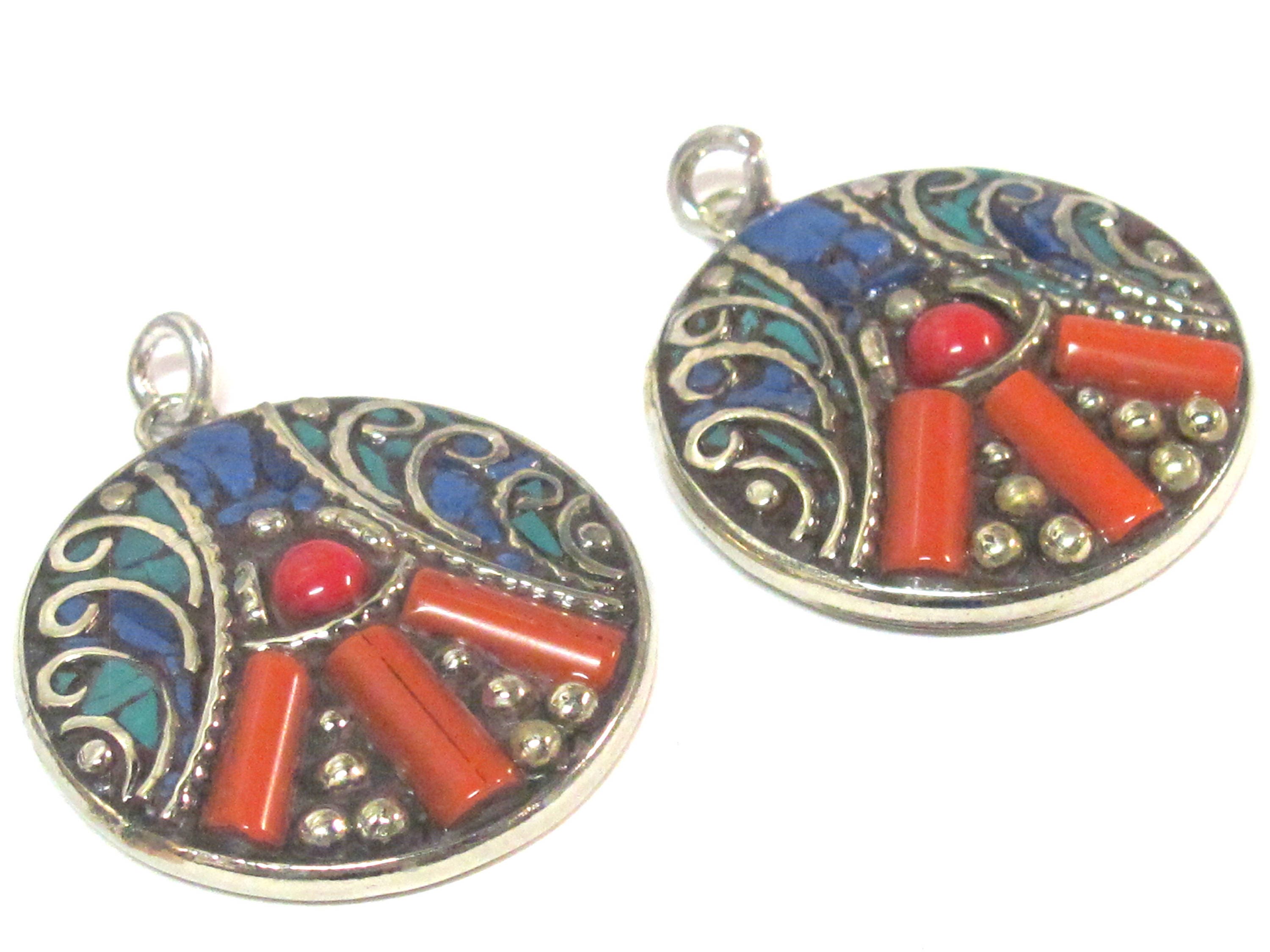 1 pendant - Beautiful round oval disc shape ethnic peace symbol Tibetan pendant with turquoise lapis coral inlay - PM576B
