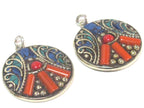 1 pendant - Beautiful round oval disc shape ethnic peace symbol Tibetan pendant with turquoise lapis coral inlay - PM576B