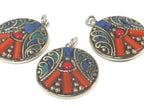1 pendant - Beautiful round oval disc shape ethnic peace symbol Tibetan pendant with turquoise lapis coral inlay - PM576B