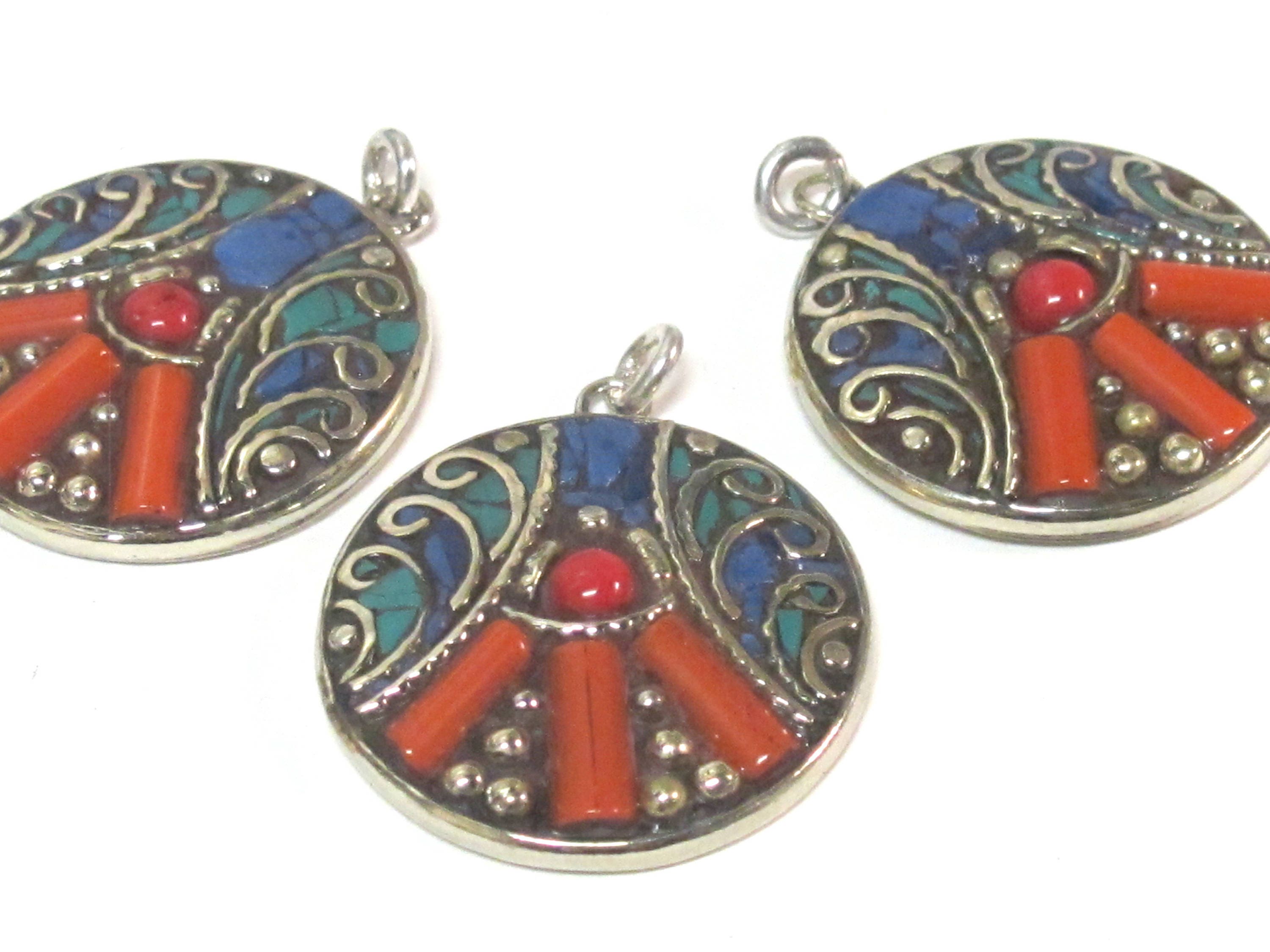 1 pendant - Beautiful round oval disc shape ethnic peace symbol Tibetan pendant with turquoise lapis coral inlay - PM576B