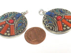1 pendant - Beautiful round oval disc shape ethnic peace symbol Tibetan pendant with turquoise lapis coral inlay - PM576B